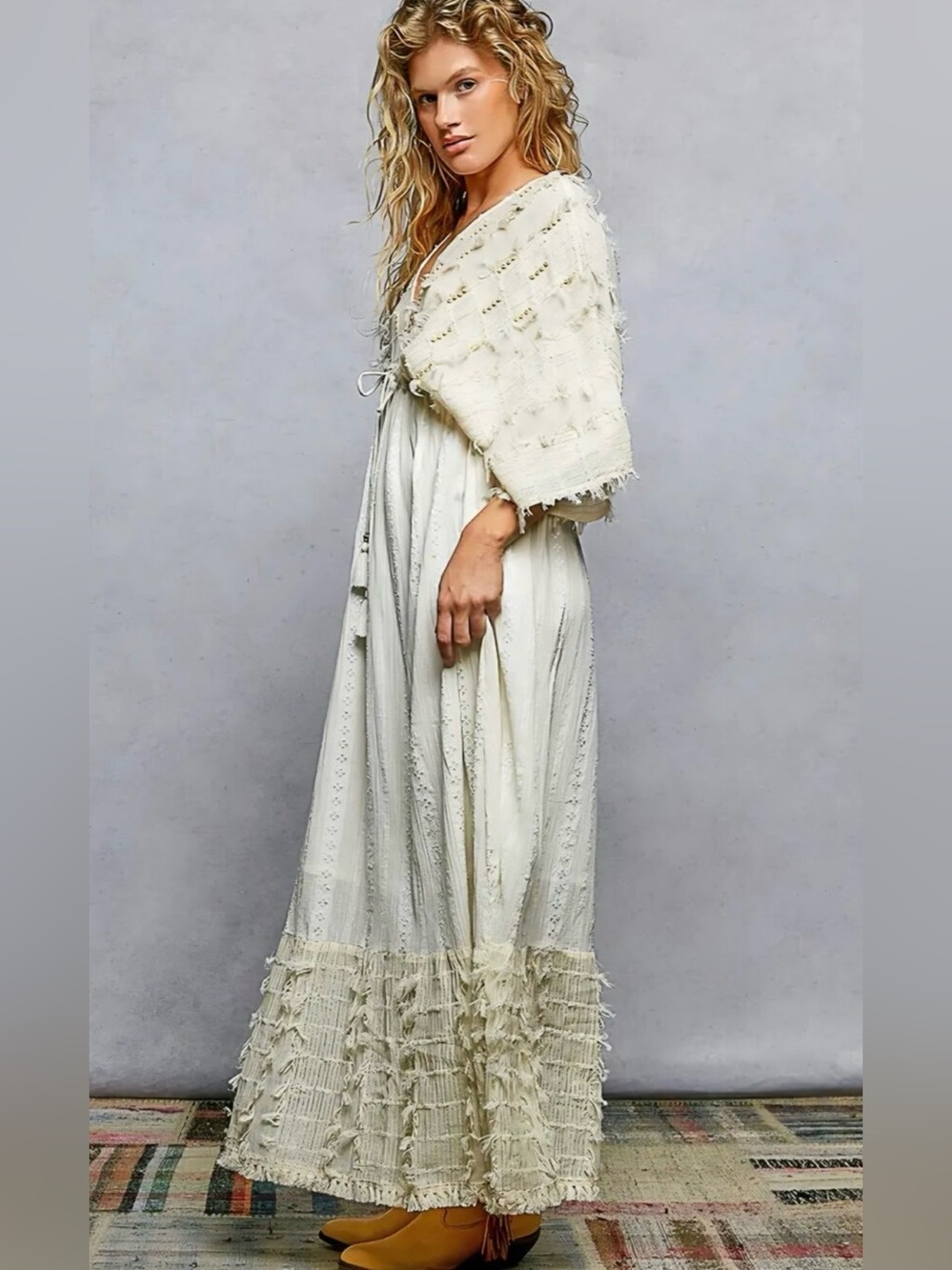 H058 New POL L ptp 17-20 Ivory Boho Maxi Dress with Tassel Tie Beautiful - Picture 2 of 16